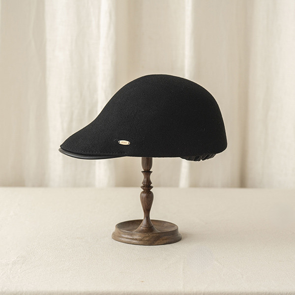 英倫感羊毛拼接皮質帽簷小偷帽-黑色 質感女帽,設計師女帽,法式女帽