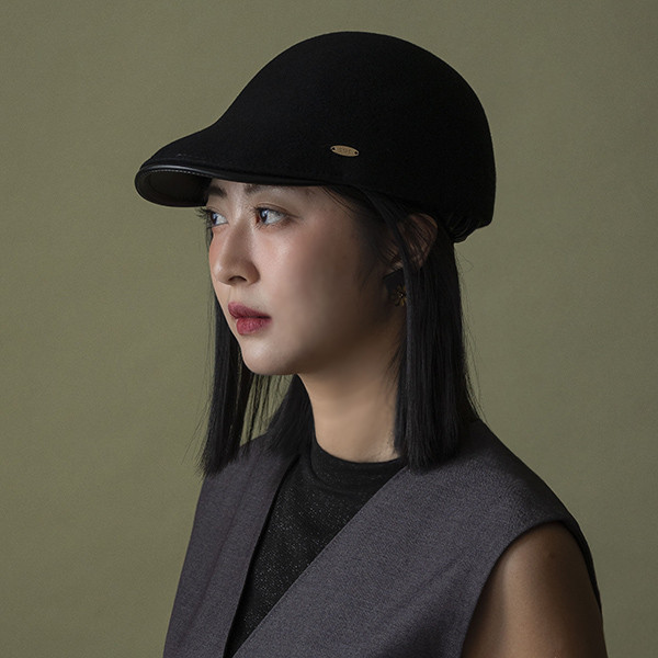 英倫感羊毛拼接皮質帽簷小偷帽-黑色 質感女帽,設計師女帽,法式女帽