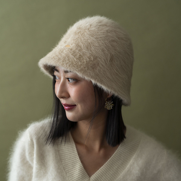毛茸茸兔毛漁夫帽-米白 質感女帽,設計師女帽,法式女帽