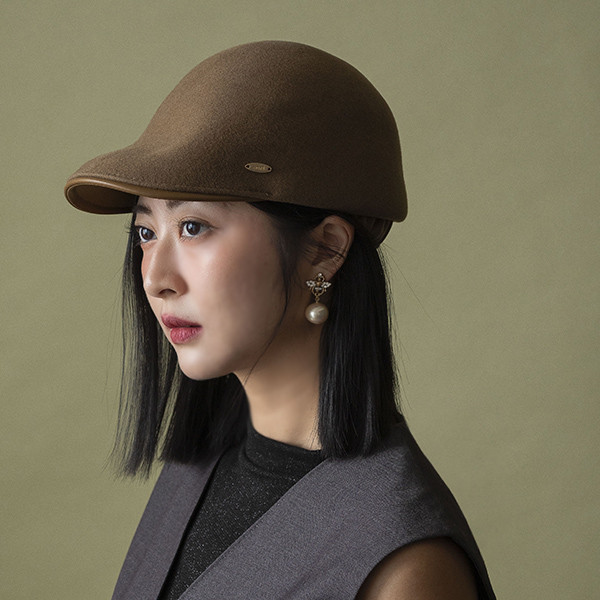 英倫感羊毛拼接皮質帽簷小偷帽-駝色 質感女帽,設計師女帽,法式女帽
