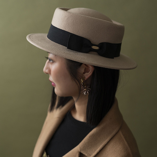 法式緞帶蝴蝶結羊毛淑女禮帽-藕粉色 質感女帽,設計師女帽,法式女帽