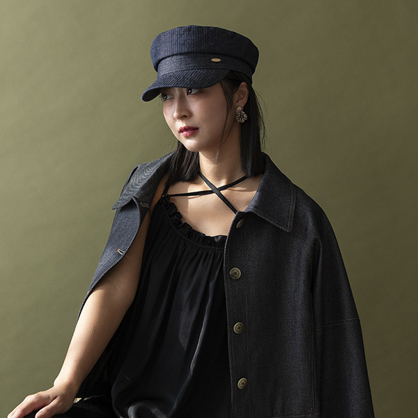 帥氣牛仔藍紋休閒軍帽 質感女帽,設計師女帽,法式女帽