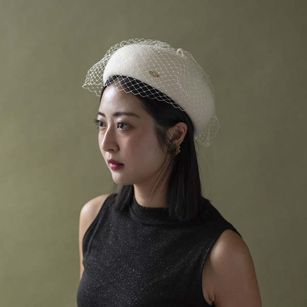 復古挺版網紗羊毛貝蕾帽-白色 質感女帽,設計師女帽,法式女帽