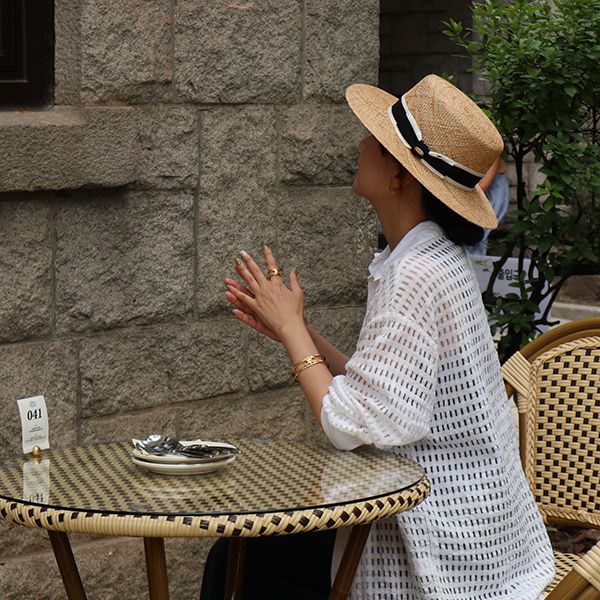 與RICHE首爾旅行款-法式平頂蝴蝶結織帶草編帽-黑&白邊 質感女帽,設計師女帽,法式女帽