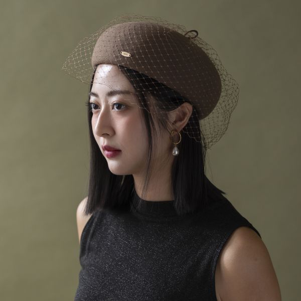 復古挺版網紗羊毛貝蕾帽-咖啡色 質感女帽,設計師女帽,法式女帽