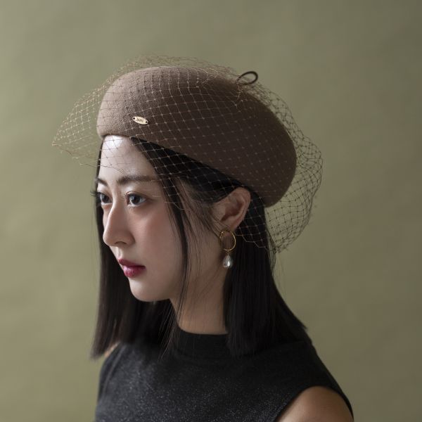 復古挺版網紗羊毛貝蕾帽-咖啡色 質感女帽,設計師女帽,法式女帽