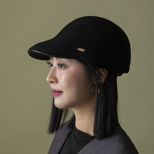 英倫感羊毛拼接皮質帽簷小偷帽-黑色 質感女帽,設計師女帽,法式女帽