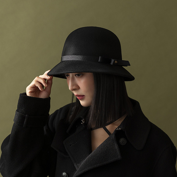 法式名媛細緞帶羊毛淑女帽-黑色 質感女帽,設計師女帽,法式女帽