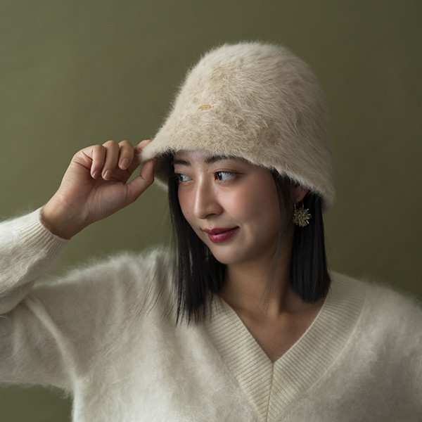 毛茸茸兔毛漁夫帽-米白 質感女帽,設計師女帽,法式女帽