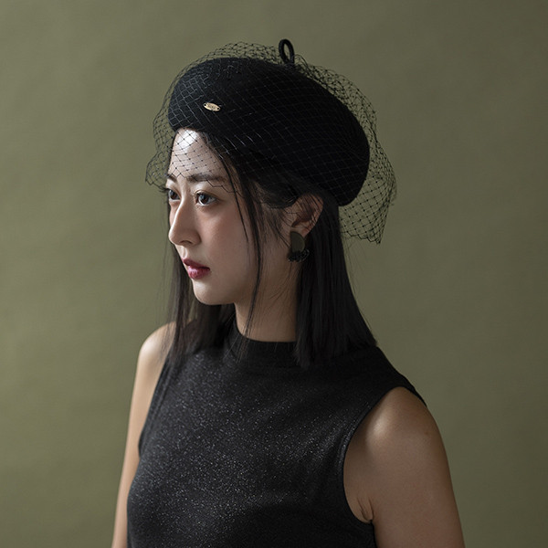 復古挺版網紗羊毛貝蕾帽-黑色 質感女帽,設計師女帽,法式女帽
