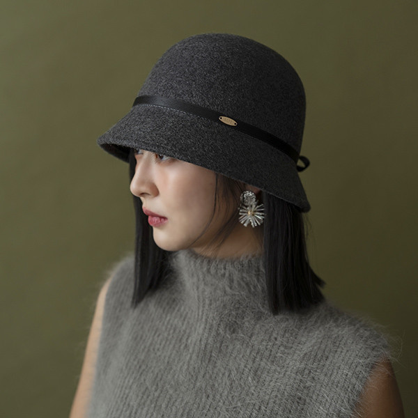 法式圓頂細綁帶小帽簷羊毛淑女帽-深灰 質感女帽,設計師女帽,法式女帽