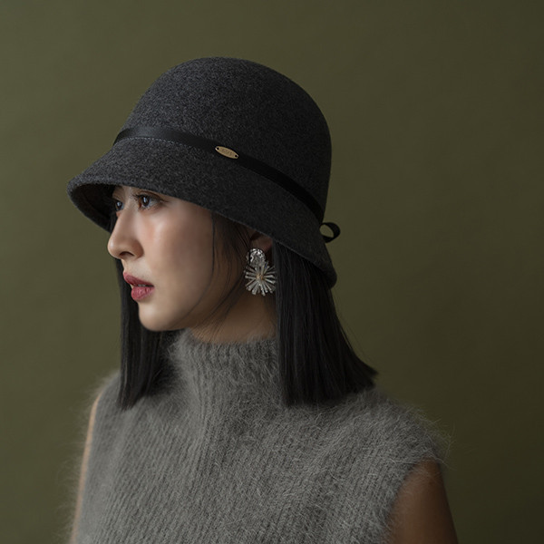 法式圓頂細綁帶小帽簷羊毛淑女帽-深灰 質感女帽,設計師女帽,法式女帽