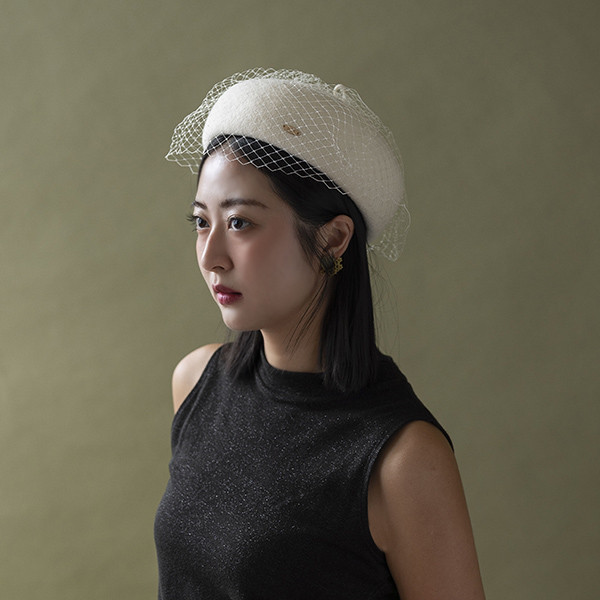 復古挺版網紗羊毛貝蕾帽-白色 質感女帽,設計師女帽,法式女帽