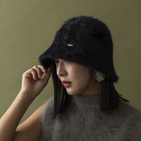 毛茸茸兔毛漁夫帽-黑色 質感女帽,設計師女帽,法式女帽