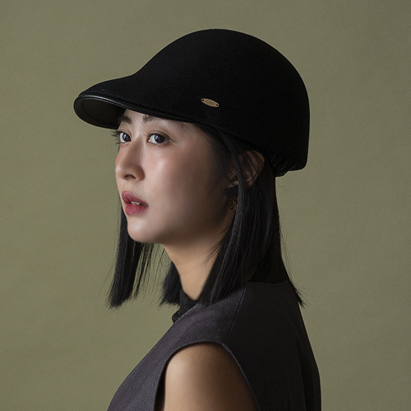 英倫感羊毛拼接皮質帽簷小偷帽-黑色 質感女帽,設計師女帽,法式女帽