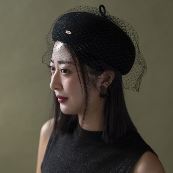 復古挺版網紗羊毛貝蕾帽-黑色 質感女帽,設計師女帽,法式女帽