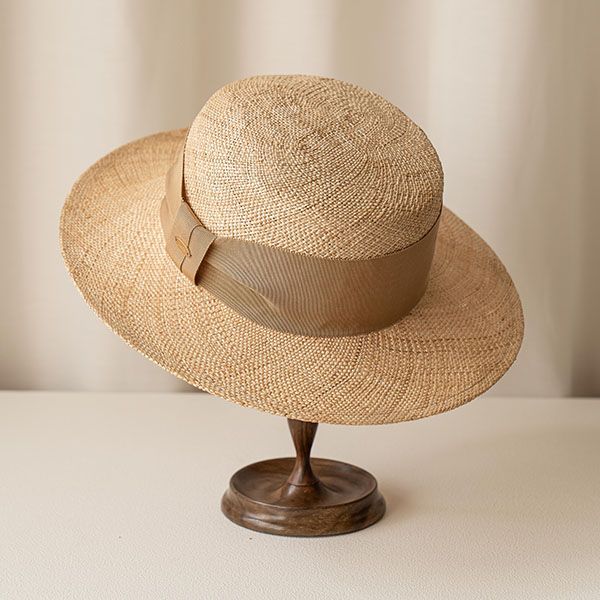 法式平頂雙層緞帶抓結草編帽-奶茶色 質感女帽,設計師女帽,法式女帽
