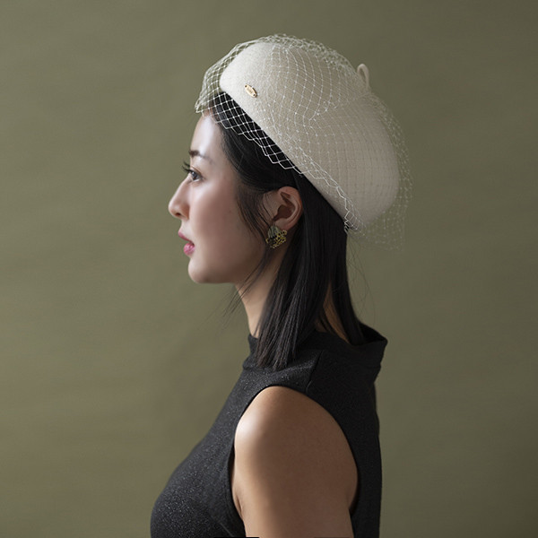 復古挺版網紗羊毛貝蕾帽-白色 質感女帽,設計師女帽,法式女帽