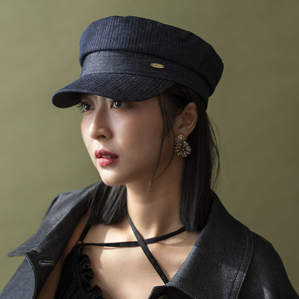 帥氣牛仔藍紋休閒軍帽 質感女帽,設計師女帽,法式女帽