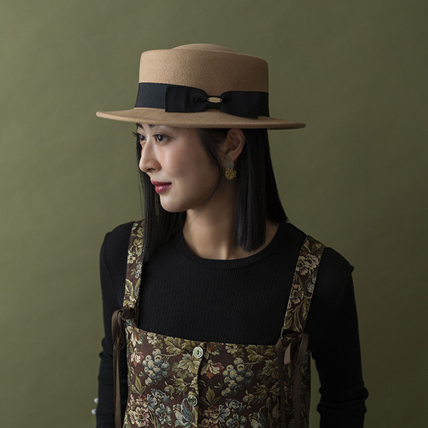 法式緞帶蝴蝶結羊毛淑女禮帽-駝色 質感女帽,設計師女帽,法式女帽