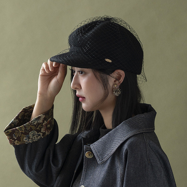 法式網紗羊毛南瓜鴨舌帽-黑色 質感女帽,設計師女帽,法式女帽