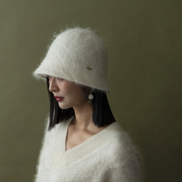 質感毛茸茸羊駝毛漁夫帽-雪白 質感女帽,設計師女帽,法式女帽