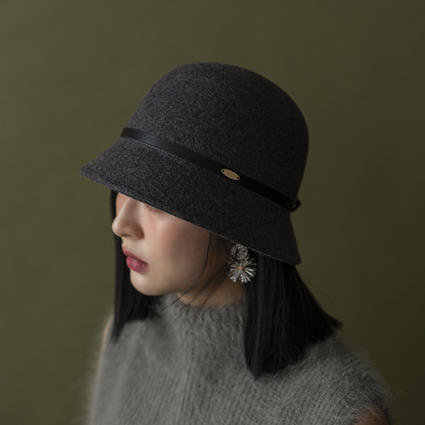 法式圓頂細綁帶小帽簷羊毛淑女帽-深灰 質感女帽,設計師女帽,法式女帽