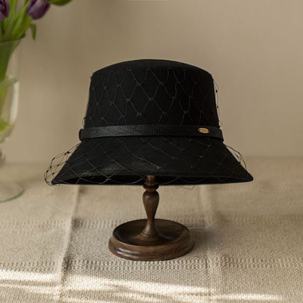 法式復古平頂繫帶羊毛網紗盆帽-黑色 質感女帽,設計師女帽,法式女帽,羊毛帽,貝蕾帽,畫家帽