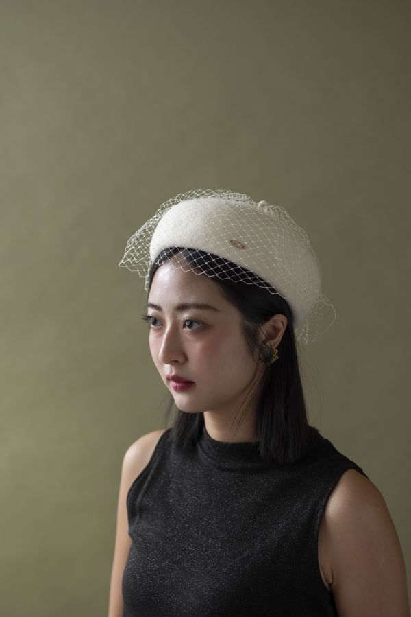 復古挺版網紗羊毛貝蕾帽-白色 質感女帽,設計師女帽,法式女帽