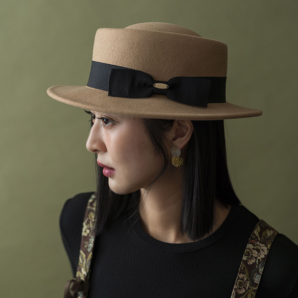 法式緞帶蝴蝶結羊毛淑女禮帽-駝色 質感女帽,設計師女帽,法式女帽