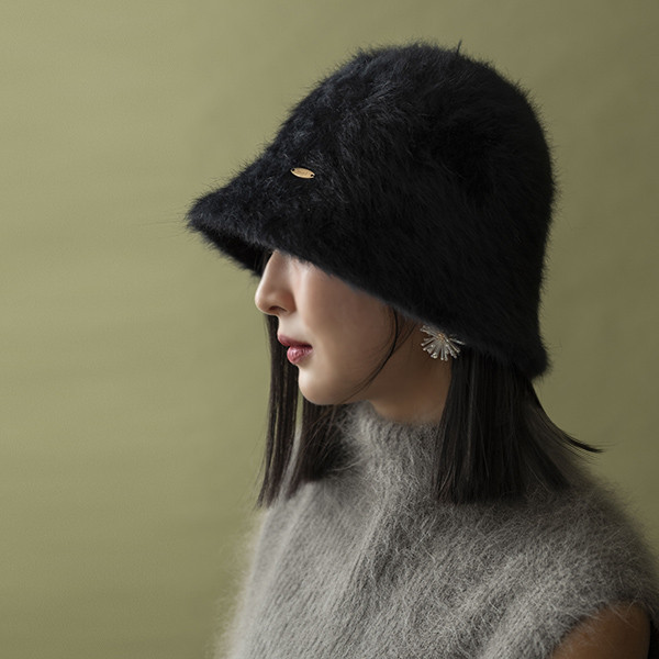 毛茸茸兔毛漁夫帽-黑色 質感女帽,設計師女帽,法式女帽