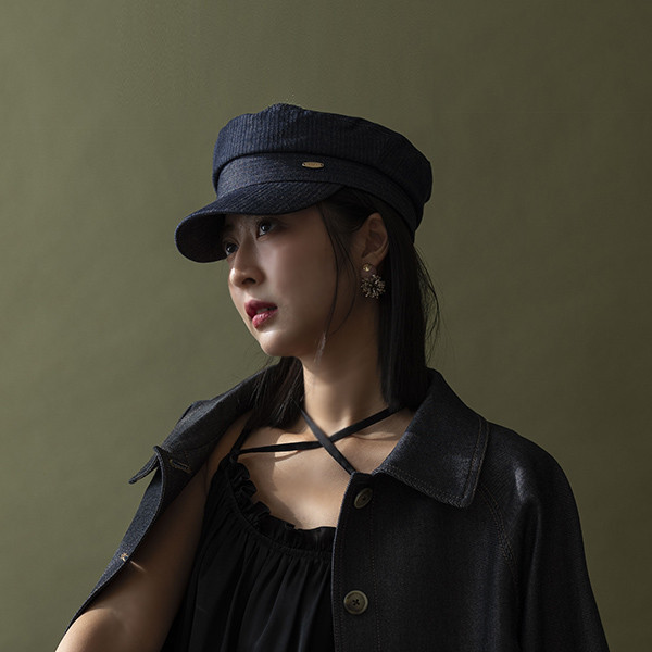 帥氣牛仔藍紋休閒軍帽 質感女帽,設計師女帽,法式女帽