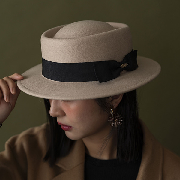 法式緞帶蝴蝶結羊毛淑女禮帽-藕粉色 質感女帽,設計師女帽,法式女帽