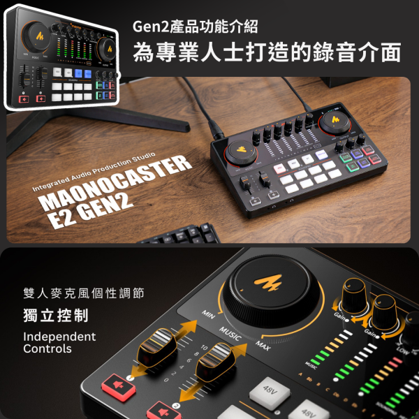 Maonocaster E2Gen2 Podcast,聲卡,錄音介面,Podcast,藍牙伴奏,雙人錄音,Maono,E2,Gen2,直播,直播錄音,直播設備,錄音設備,直播聲卡,聲卡推薦,錄音介面推薦,Podcast設備推薦,新手直播,創作設備推薦
