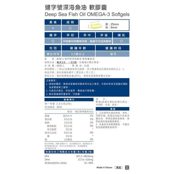 BHK's 健字號深海魚油 軟膠囊 (60粒/盒)【調節血脂】 Omega-3,魚油DHA,EPA,健字號魚油,德國魚油,吃魚油好處,抗發炎,魚油推薦品牌,心血管保養