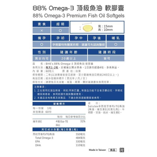 BHK's 88% Omega-3頂級魚油 軟膠囊 (60粒/盒)【頂規魚油】 