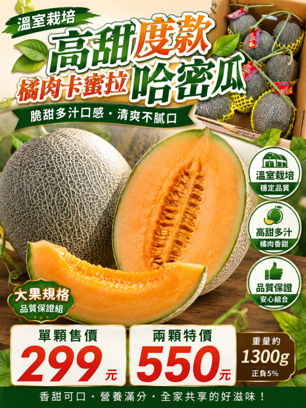 台南將軍鄉溫室栽培橘肉卡蜜拉哈密瓜  入口奶香味 脆脆甜甜口感 中大果規格 