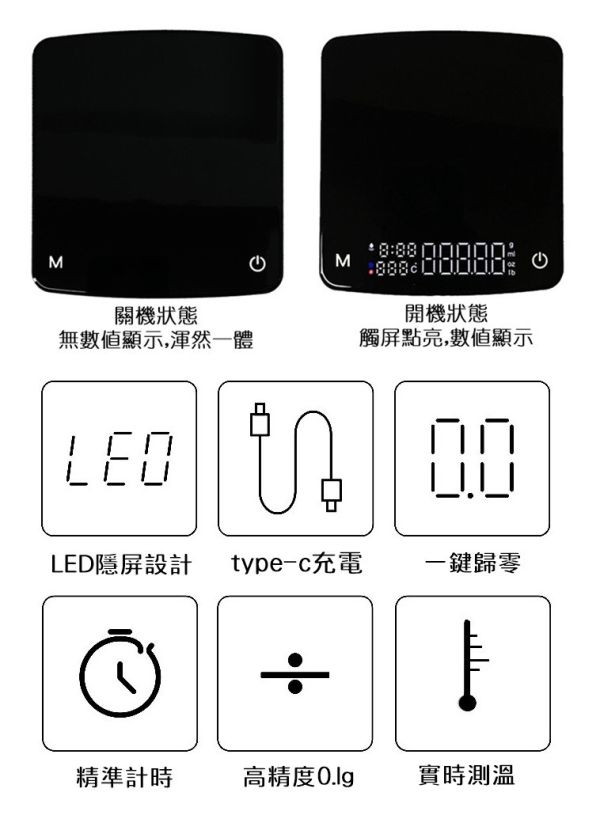 創新手沖咖啡電子秤【秤重│計時│測溫】USB Type-C 充電一台搞定 秤重 LED大螢幕 義式咖啡計時秤非供交易使用 創新手沖咖啡電子秤【秤重│計時│測溫】USB Type-C 充電一台搞定 秤重 LED大螢幕 義式咖啡計時秤非供交易使用