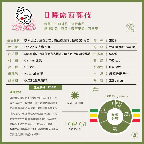 【生咖啡豆】露西LUCY藝伎|衣索比亞|班奇馬吉|露西處理站|日曬|頂級G1藝伎 