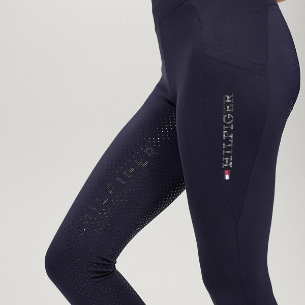 TOMMY HILFIGER 女用馬褲 (止滑全皮/深藍色/彈力腰/水鑽logo/手機袋) 