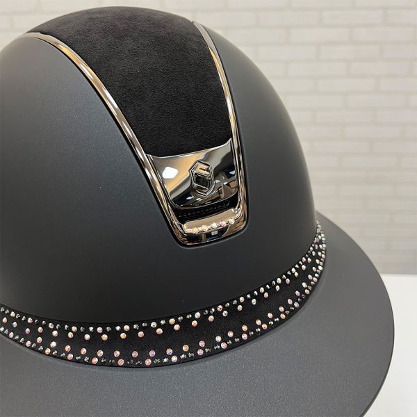 SAMSHIELD 訂製淑女款騎士帽 (大帽沿/霧黑盔/麂皮頂/銀框/五星牌/彩鑽帽沿/M) 不含帽襯，需另外加購 