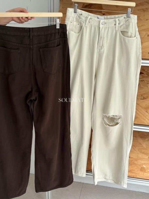 AP04 調節釦膝蓋刷破牛仔落地褲S-XL 