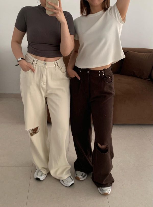 AP04 調節釦膝蓋刷破牛仔落地褲S-XL 