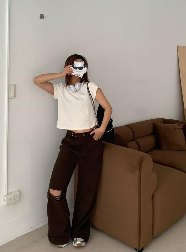 AP04 調節釦膝蓋刷破牛仔落地褲S-XL 