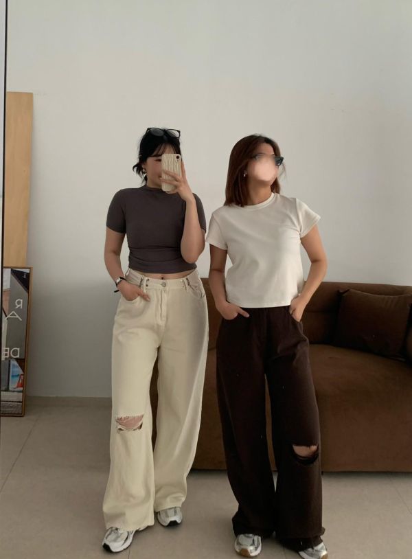 AP04 調節釦膝蓋刷破牛仔落地褲S-XL 