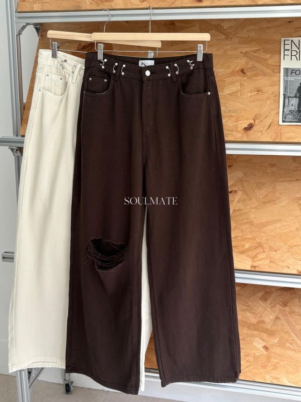 AP04 調節釦膝蓋刷破牛仔落地褲S-XL 