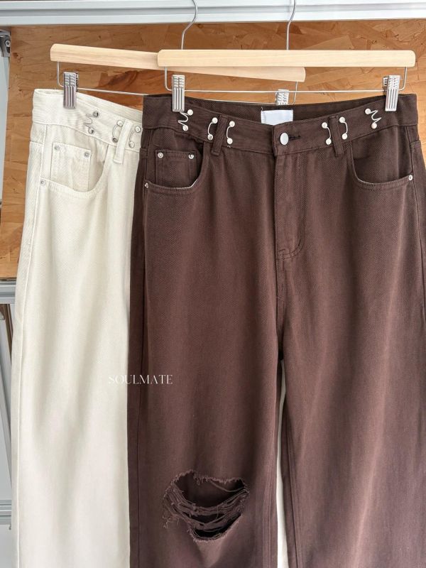 AP04 調節釦膝蓋刷破牛仔落地褲S-XL 