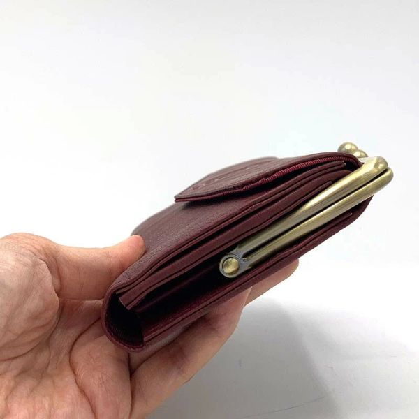 牛皮珠扣長夾-酒紅色 