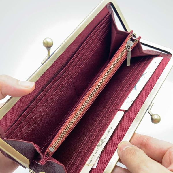 牛皮珠扣長夾-酒紅色 