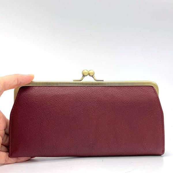 牛皮珠扣長夾-酒紅色 